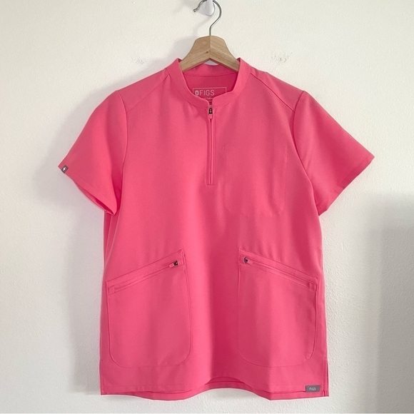 NWT Figs Limited Edition Nata Zip Henley Scrub Top Neon Pink XS - Picture 2 of 16